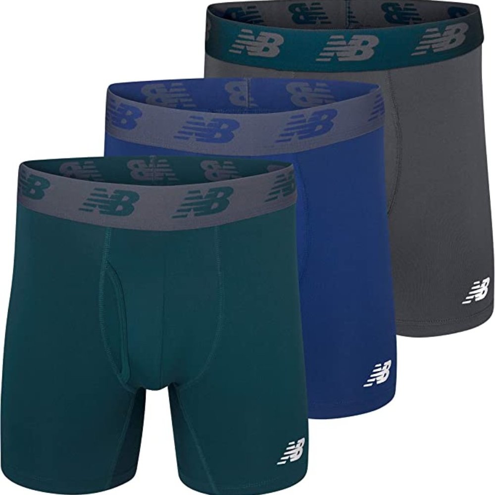 New Balance Men's 6" Boxer Brief 3-Pack, Blue/Deep Jade/Thunder, Small(28-30")